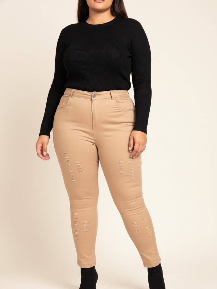 Plus-size beige distressed-effect pants (B201) for wholesale by Pomme Rouge Paris