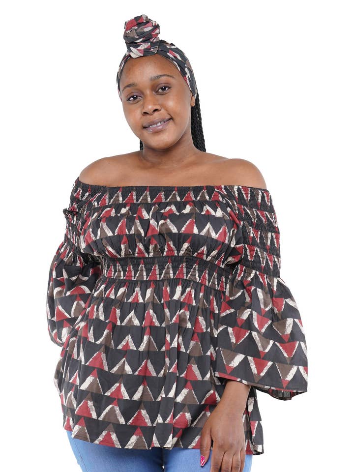 African Ladies off shoulder Summer Smoked Peplum Blouse for wholesale by Satsuma Wholesale
