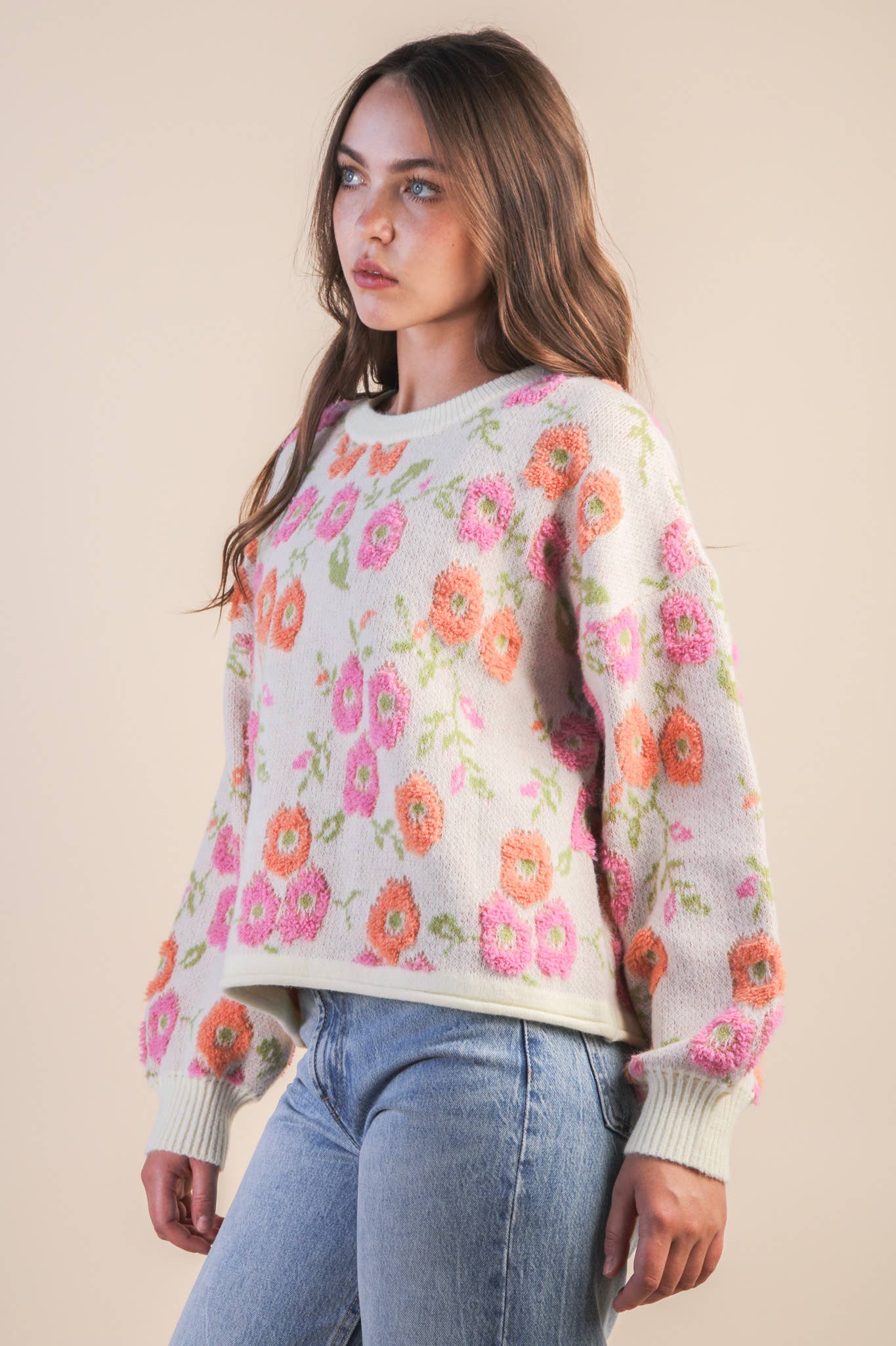 VERY J – wholesale Knitted jumper – Women′s – 12W3428N-Oversized Floral Textured Printed Knit Sweater Top13