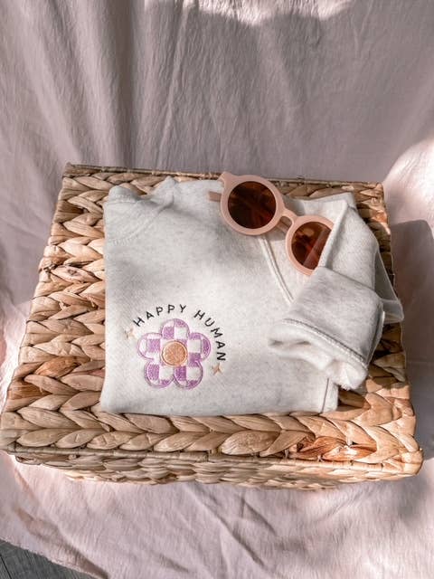 Embroidered Sweatshirt kids toddlers, Happy Human Checkered for wholesale by Ginger And Thread