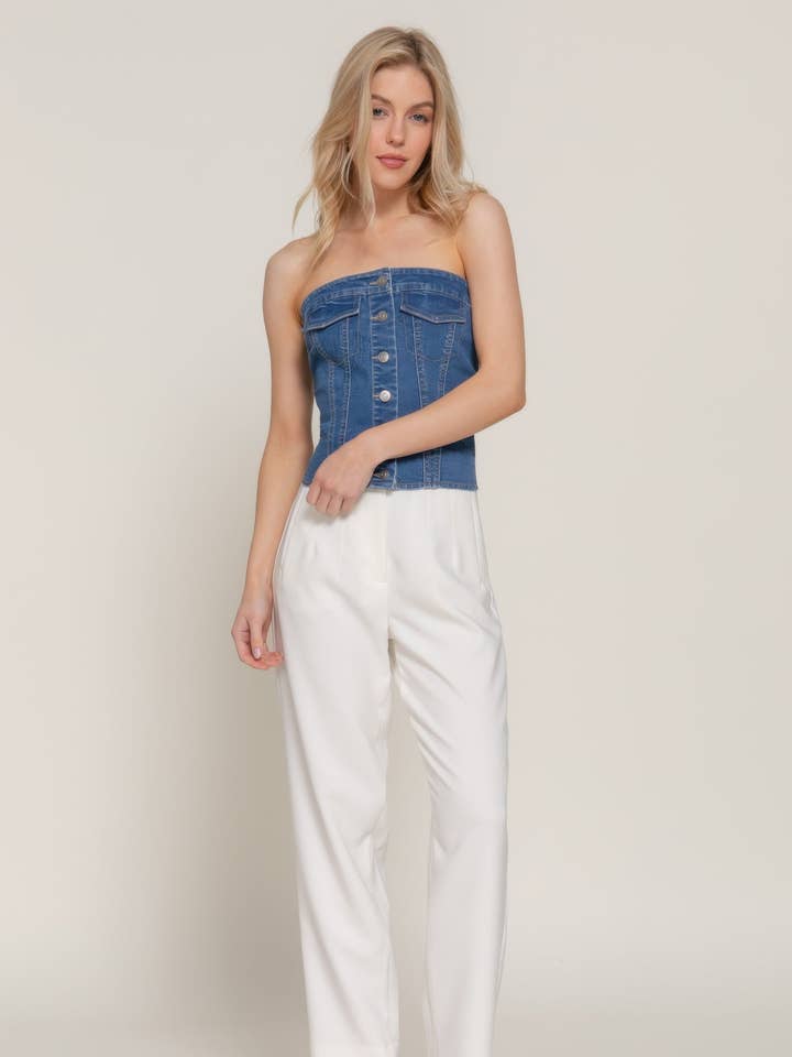 CC Wholesale Clothing - Wholesale Blouse - Women's - Button Down Placket Stretch Denim Tube Top0