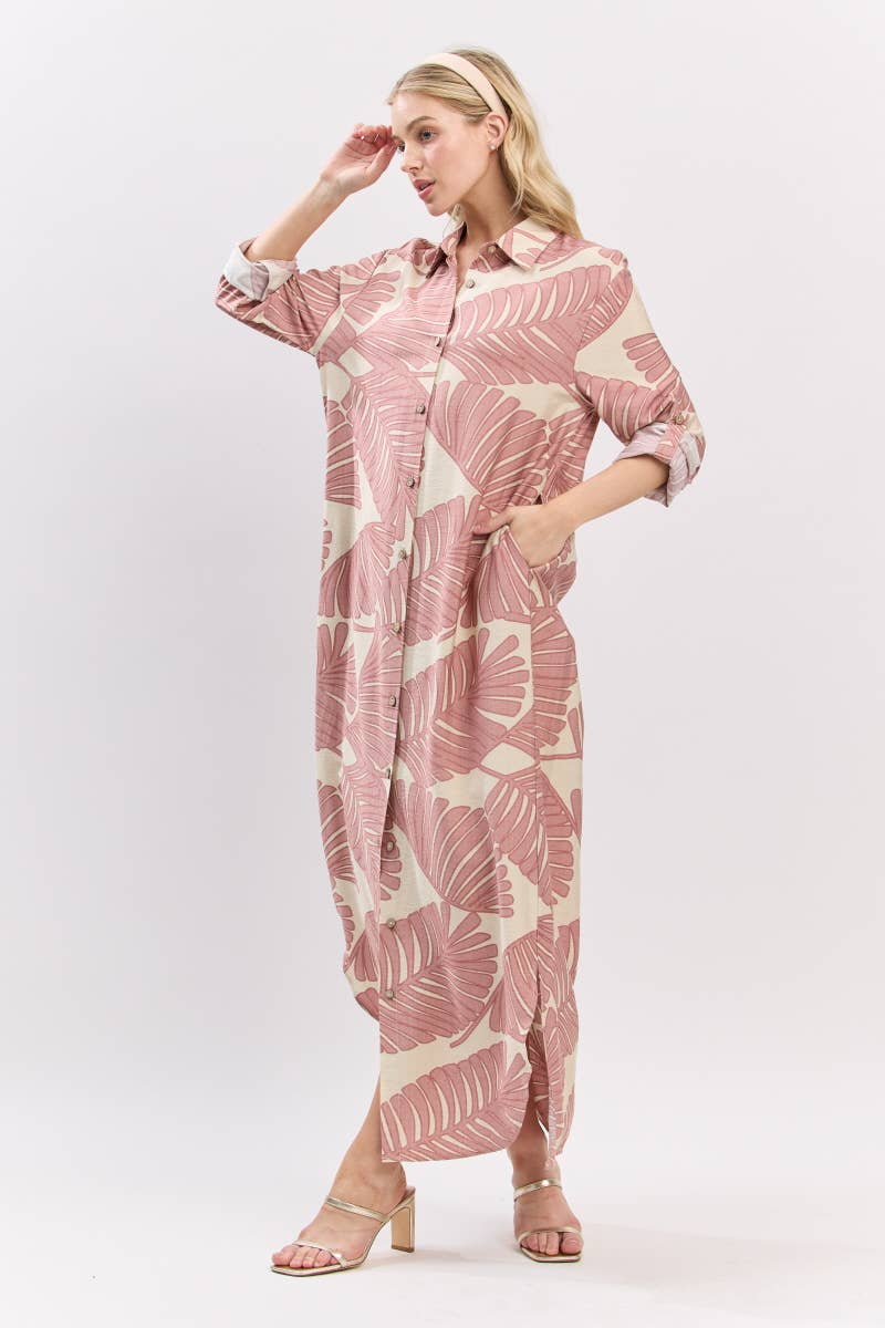 B I G H I T Fashion - Wholesale Dress - Women's - Palm Print Button-Down Maxi Dress HD3104-BLUSH5