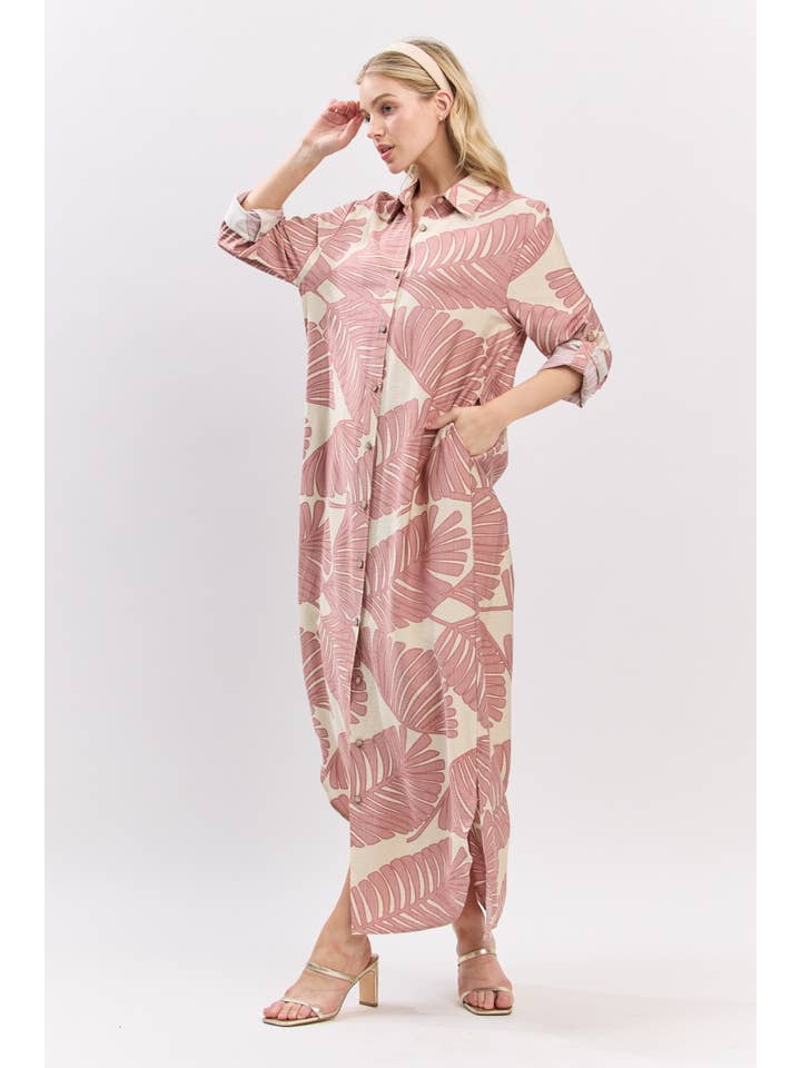 B I G H I T Fashion - Wholesale Dress - Women's - Palm Print Button-Down Maxi Dress HD3104-BLUSH5