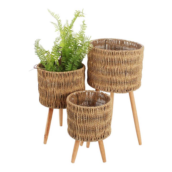 Sæt/3 Plantere m/Plastforing +Træben, Naturlig, Græs for engroshandel hos Truu Design