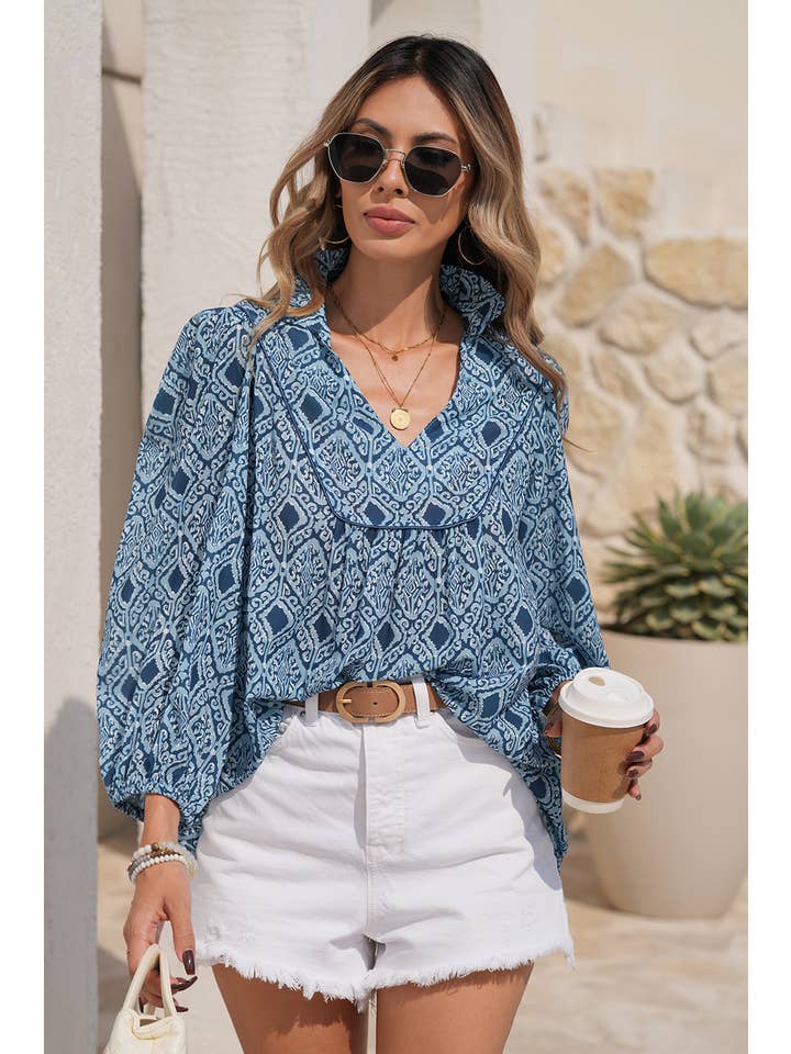 Sky Blue LDC Western Geometric Print Frilled V Neck Loose Fit Blouse for wholesale on Faire
