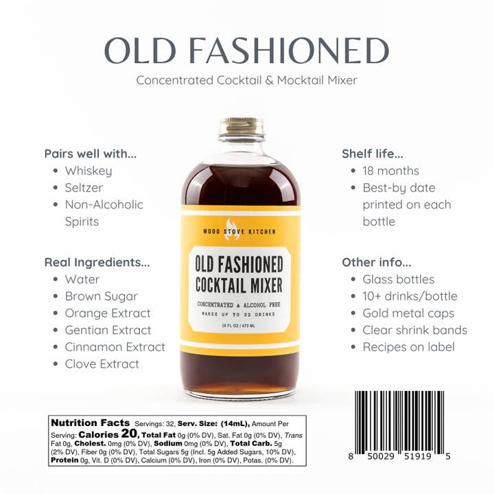 Wood Stove Kitchen - Wholesale Cocktail Mix/Syrup - Old Fashioned Cocktail Syrup, 16 fl oz - for Cocktails and M