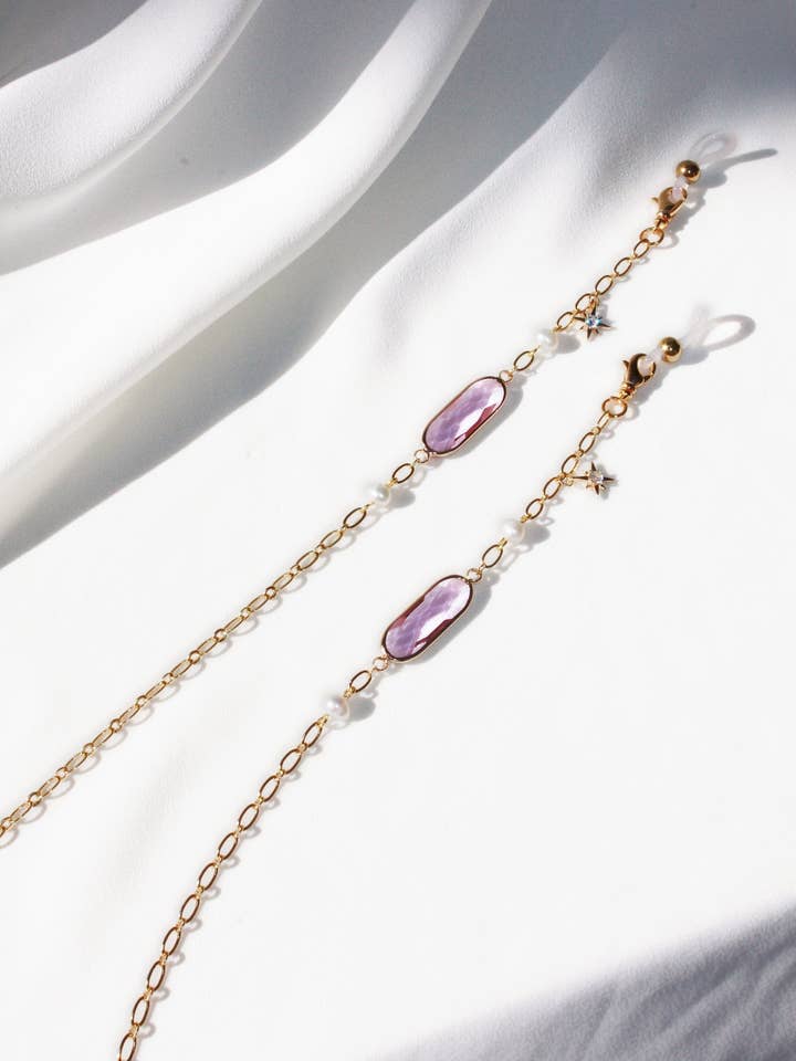 Lavender Crystal Glasses Chain with Gold Star Charms for wholesale by Zebber Handmade