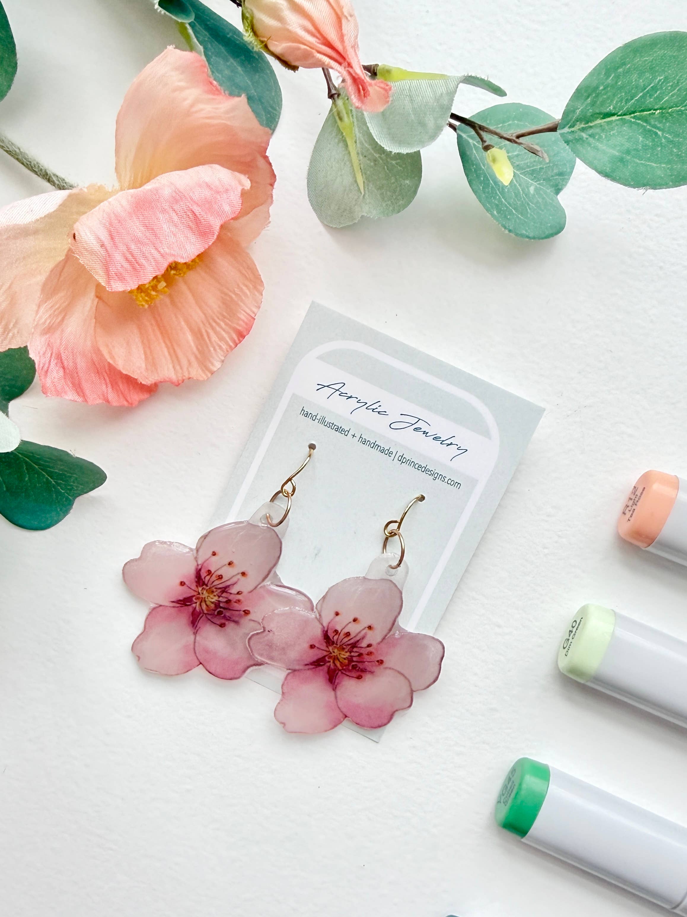 D. Prince Designs - Wholesale Dangle Earrings - Hand-Illustrated Cherry Blossoms | Handmade Acrylic + Resin Dangle Earrings2