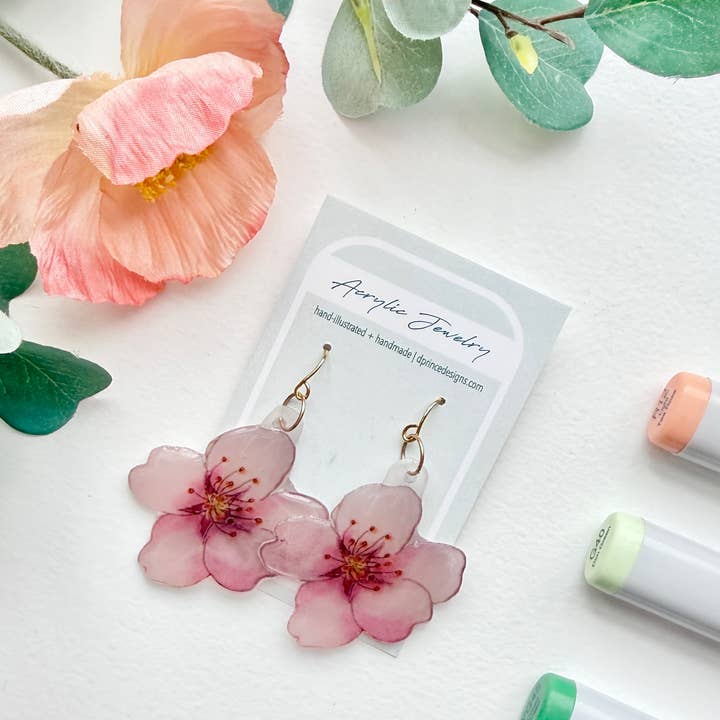 D. Prince Designs - Wholesale Dangle Earrings - Hand-Illustrated Cherry Blossoms | Handmade Acrylic + Resin Dangle Earrings2