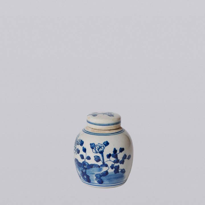 Cobalt Guild - Wholesale Decorative Jar - Blue and White Porcelain Mini Peony Floral Round Jar