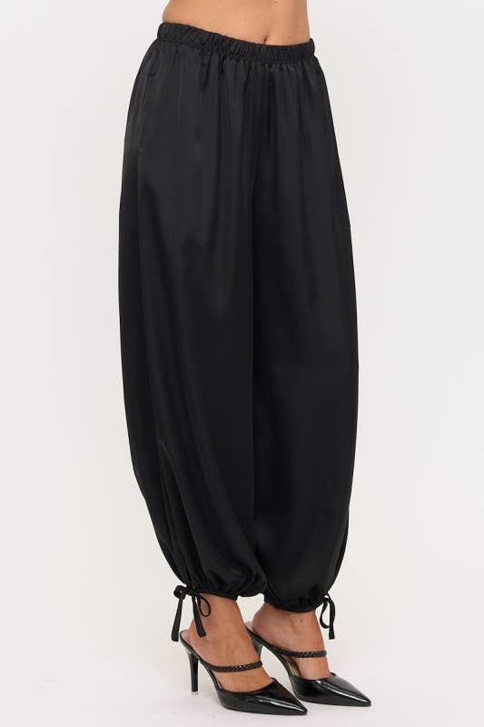 Black Made in USA Tie Hem Satin Pants for wholesale on Faire1