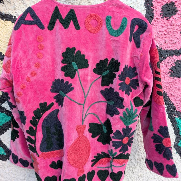 AMOUR Rosa Sammet Suzani Kimono Broderad Boho Jacka för wholesale av Twinflower