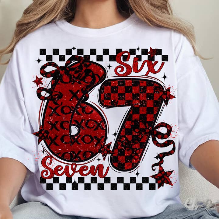 Valentine 67 Tee, Bow Six Seven, Red Black Checkered Sweater for wholesale by DLT Ecommerce