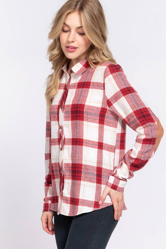 Active Basic | Active USA - Wholesale Button Down Shirt - Women's - Long Sleeve with Suede Patch Button Down Plaid Shirt5