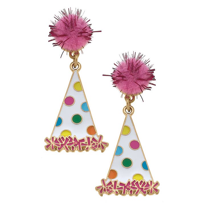 Canvas Style - Wholesale Dangle Earrings - Polka Dotted Party Hat Enamel Earrings in Rainbow Multi