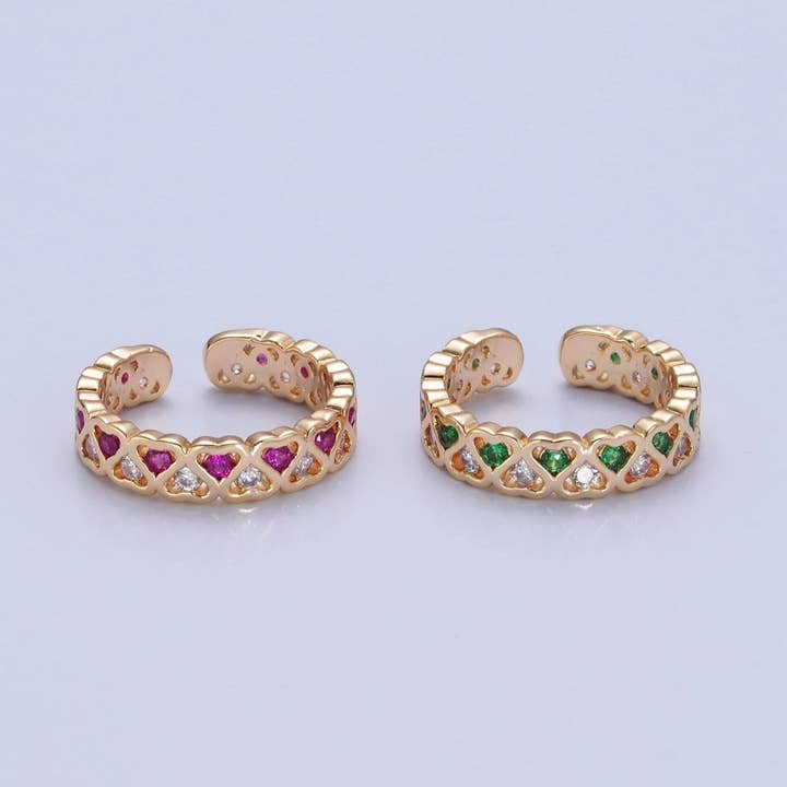 Minimalist Dainty cute CZ rings. Green hearts ring bands. Stacking rings. Gold plated rings O-735 O-736 for wholesale by Aim Eternal