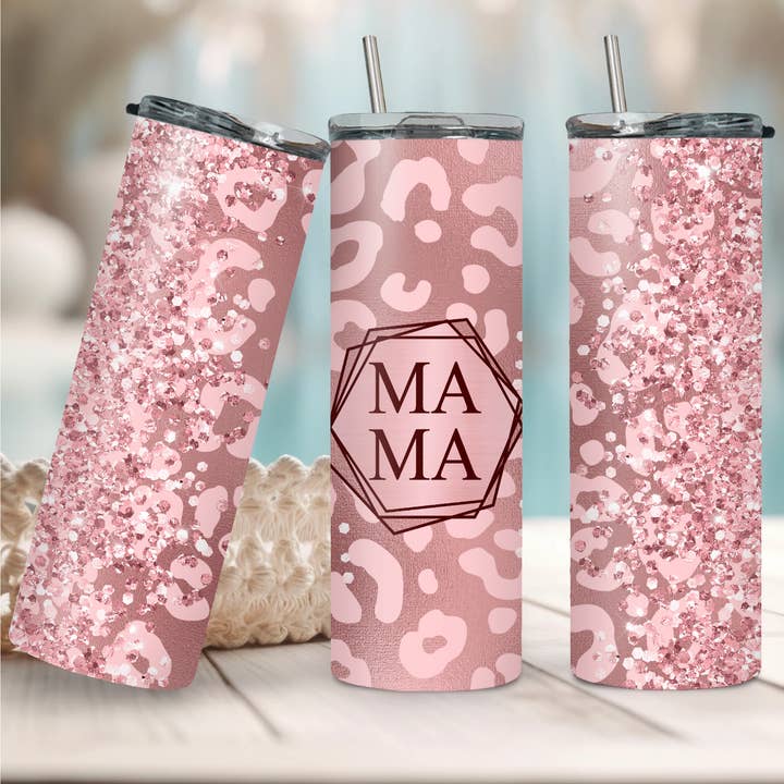 Gepard-Glitzer-Mama-Becher + Wiederverwendbare Strohhalme für den Großhandel von Melis' Creations & More LLC