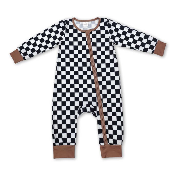 Long sleeves plaid baby kids bamboo zipper romper for wholesale by Yawoo Garments