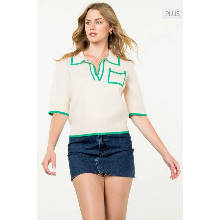 CREAM /Size XL/ Short Sleeve Collared Knit Top for wholesale on Faire