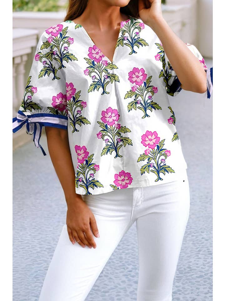 White LDC Floral Colorblock Stripe Knot Bubble Sleeve Blouse for wholesale on Faire