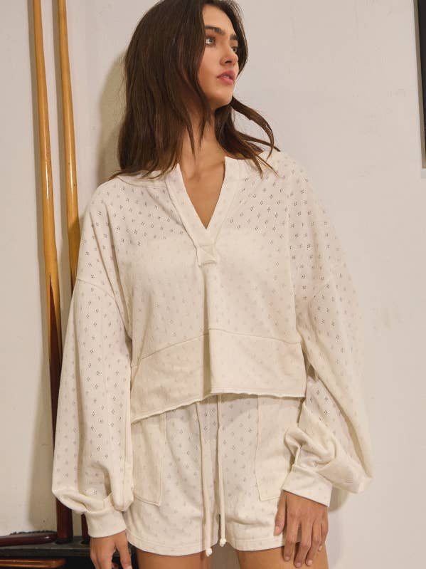 BUCKETLIST - Wholesale Knit Top - Women's - T2527B Pointelle Placket V-neckline Top