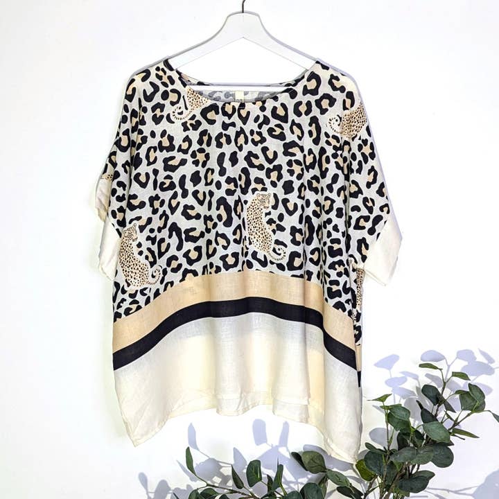 Linen viscose mix leopard within leopard print top with lower plain panel and stripe (M-L) for wholesale by Tempest Designs
