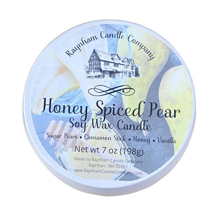 Honey Spiced Pear Soy Wax Candle Tin for wholesale by Raynham Candle Company