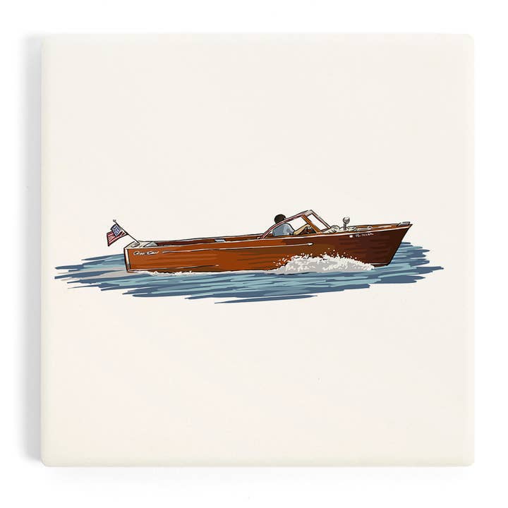 Bateau en bois CERAMIC COASTER, icône pour la vente par Lantern Press