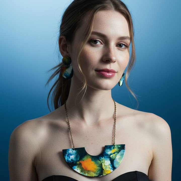 Abstract Statement Necklace with U Shaped Design. Handmade from Polymer Clay & Hand Painted for wholesale by Sassy Sacha Jewelry