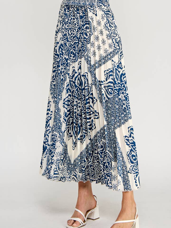Ellison - Wholesale Skirt - Women's - TS-10222-6 PRINTED PLEATED MIDI SKIRT IVORY/BLUE