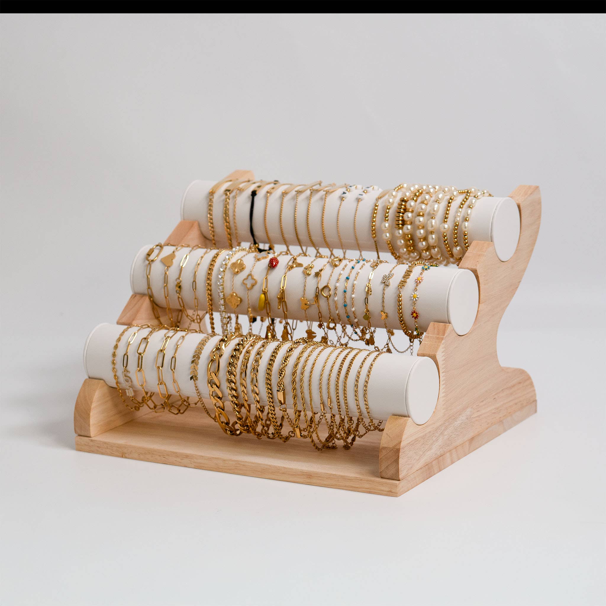 WJW - Wholesale Jewelry Stand & Display - Natural Wood & Leather 3 Tier Bracelet Display5