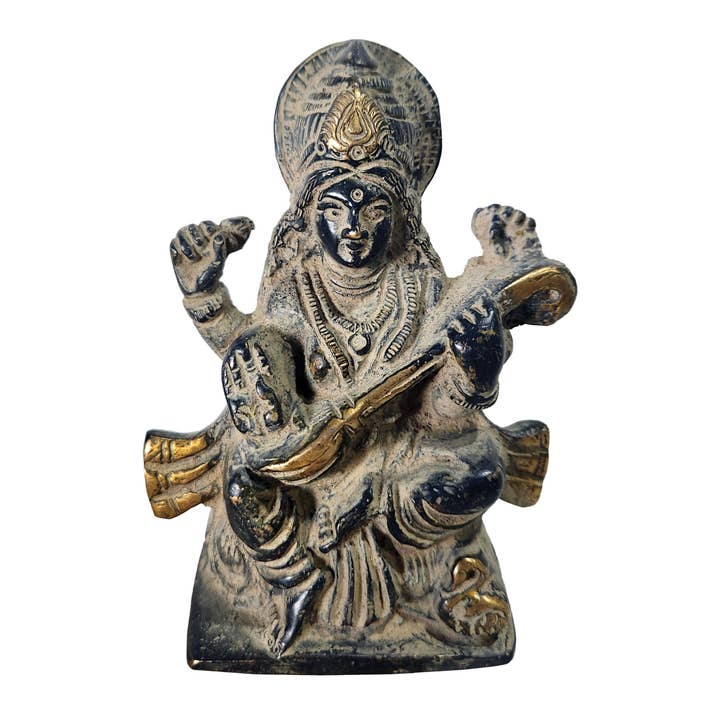 Yak & Yeti - Wholesale Sculpture - Brass Saraswati Statue Black Sand Finish