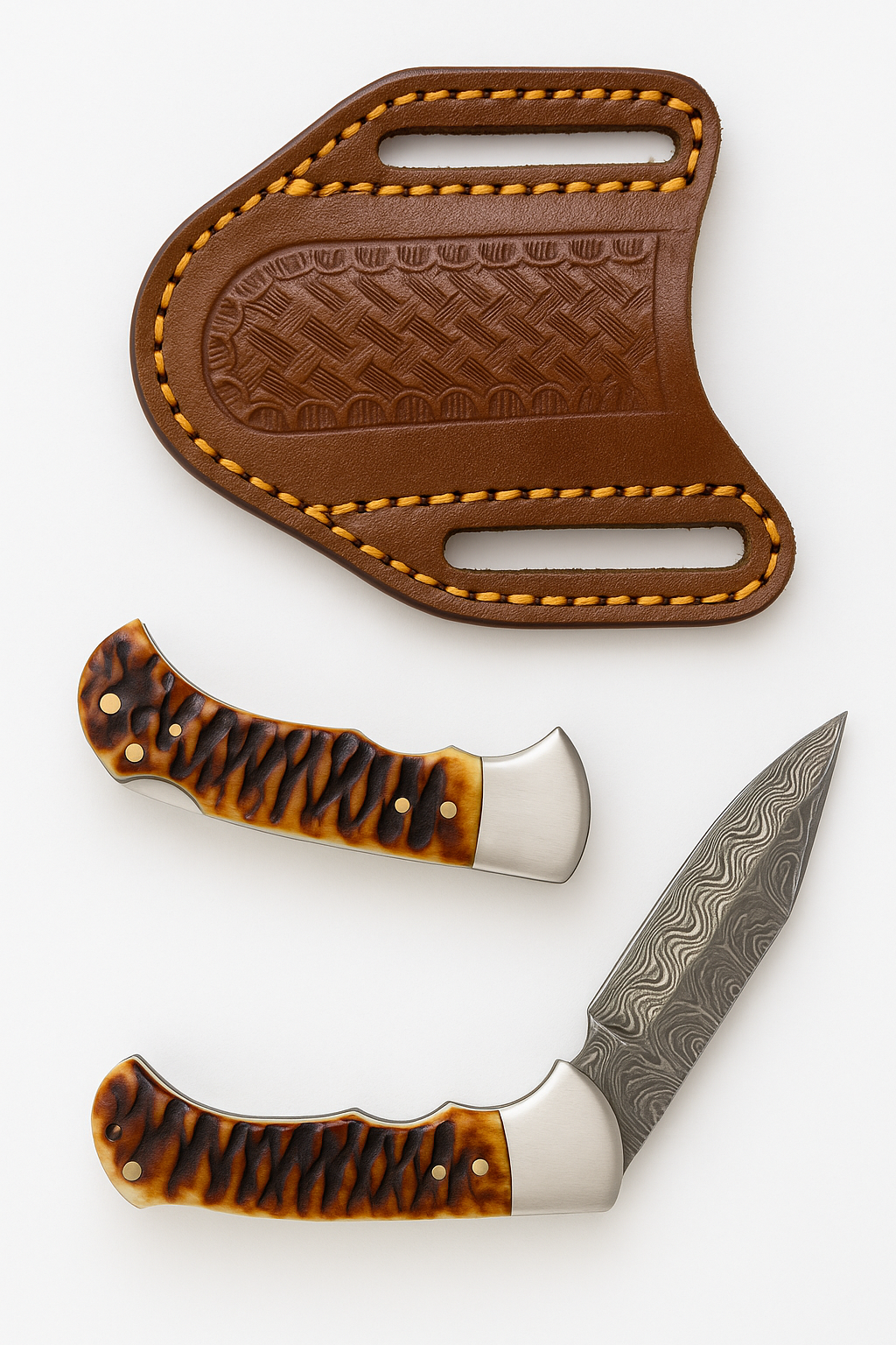 Titan International - Wholesale Pocket Knife/Holder - Stag Horn Style Damascus Folding Knife with Leather Sheath3