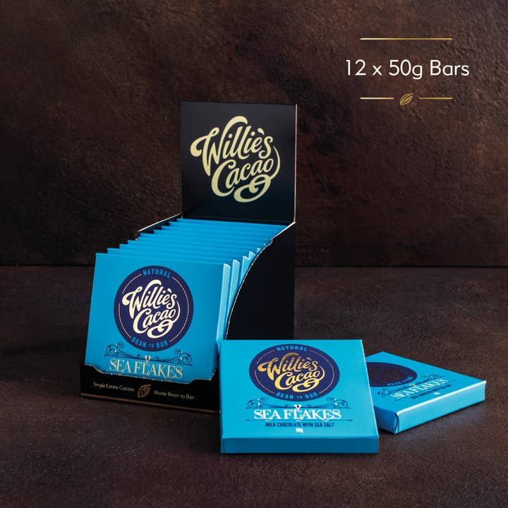 Willie's Cacao - Vendita all'ingrosso Barretta di cioccolato - Fiocchi di mare. Cioccolato al latte con scaglie di sale marino. Barretta da 50g3