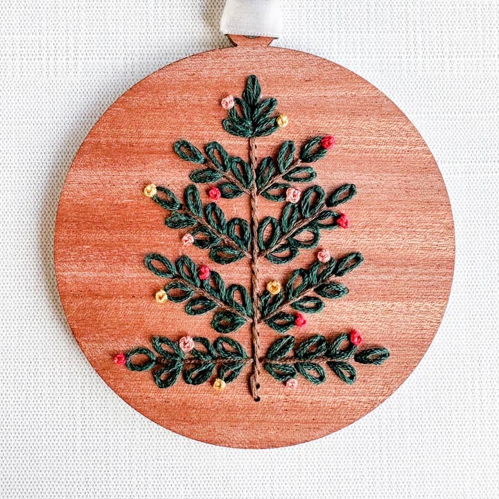 Nordic Tree Wood Embroidery Ornament Kit for wholesale by Sew Festive Embroidery Co.