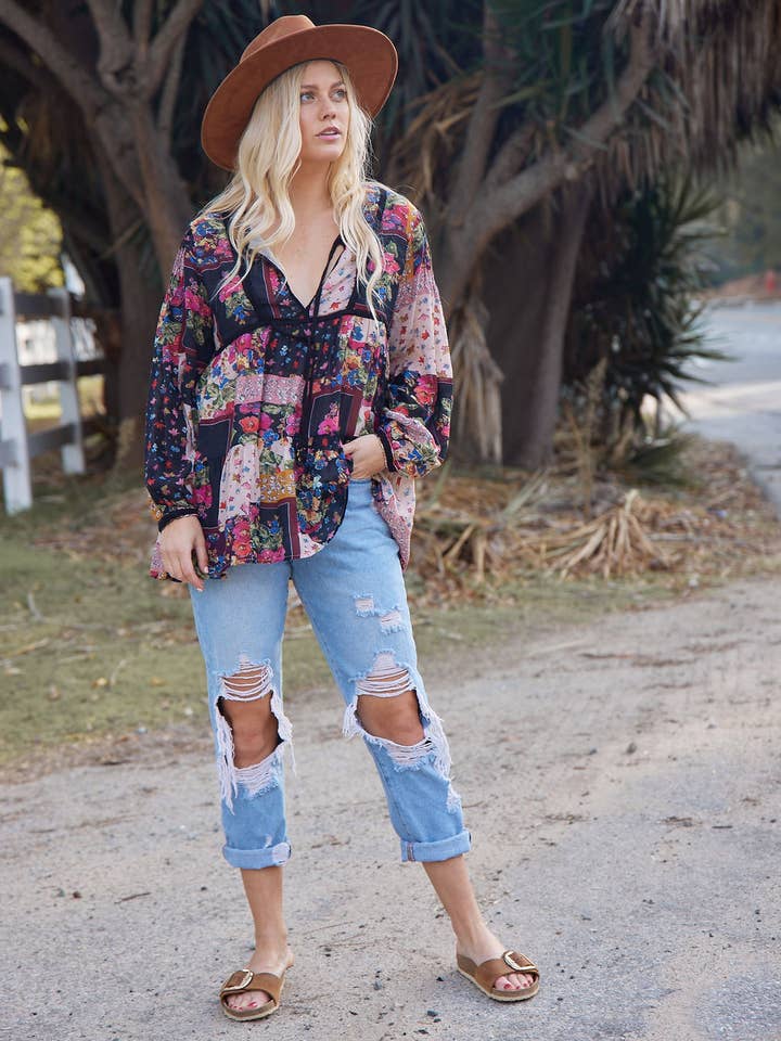 Luana Printed Blouse Patchwork Black for wholesale by Blue Boheme