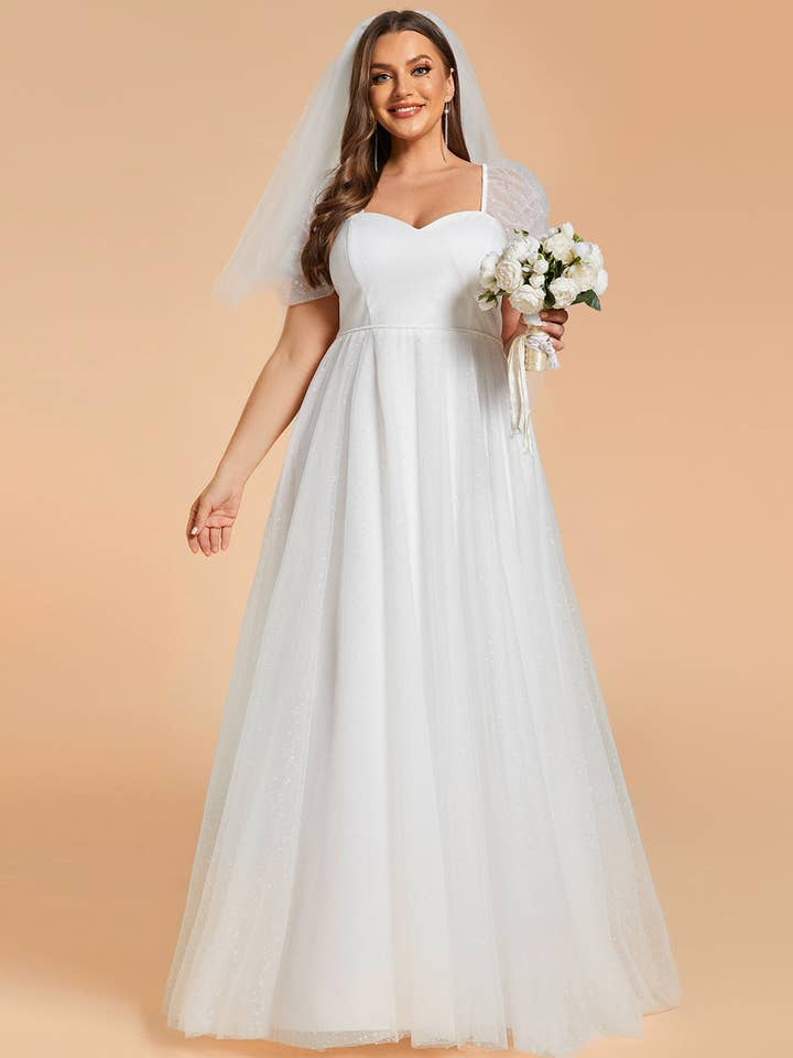 White Plus Size Wedding Dress with Puff Sleeves for wholesale on Faire2