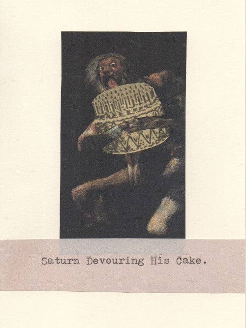 Biglietto di auguri divertente Goya con Saturno che divora la sua torta per la vendita all'ingrosso da parte di BlueSpecsStudio