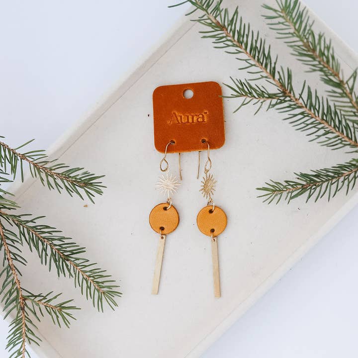 Leather & Brass Sunburst Earrings for wholesale by Aura Design Co.