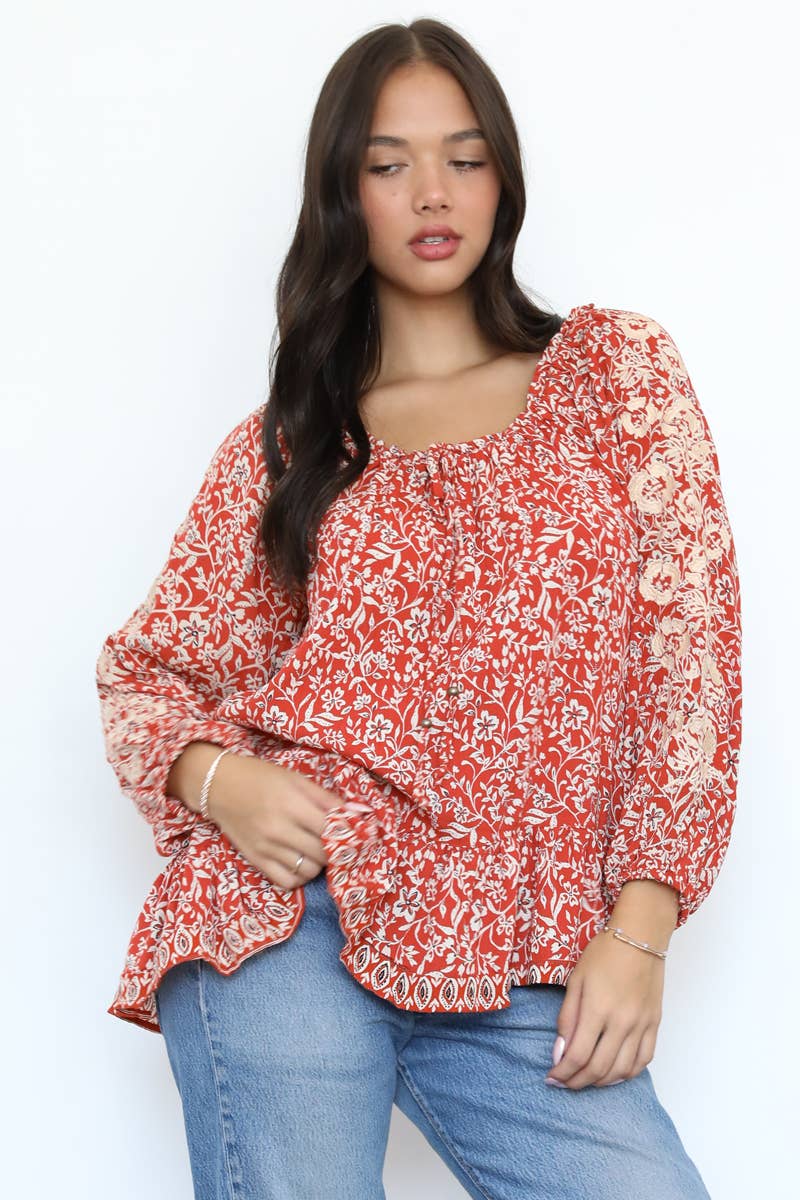 Nostalgia - Wholesale Blouse - Women's - N2W19-FR00 EMBROIDERED SLEEVES PRINTED BLOUSE2