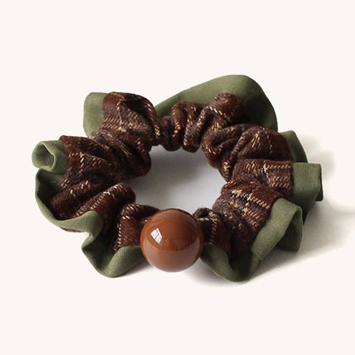 Vintage Plaid Beaded Scrunchies – French-Inspired Hair Ties, 2-Piece Set for wholesale by Zenthaven