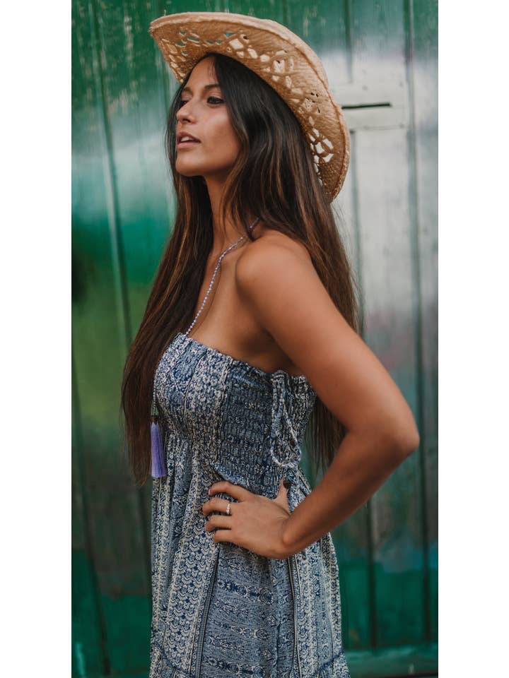 Miss Kitsch – Engroshandel Kjole - Dame – Blå Stropløs Boho Sommer Lang Kjole, Ærmeløs Maxi Kjole, Resort Wear, Strand Kjole, Capri Kjole Ferie Wear7