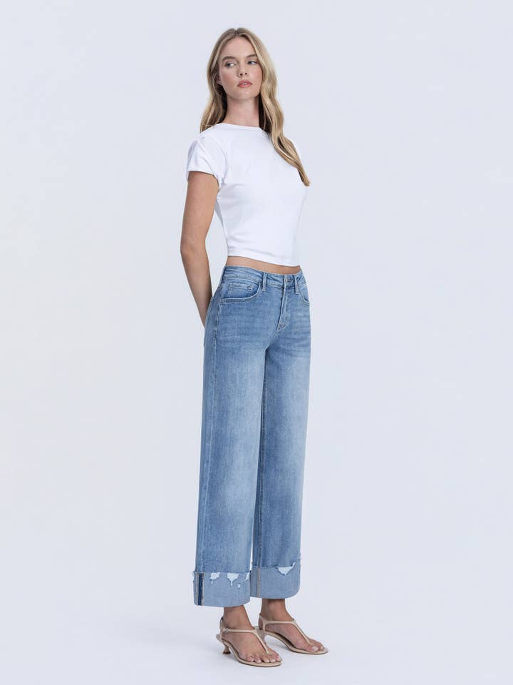 NOVELTY HIGH RISE MEDIUM WASH CUFFED WIDE JEANS LV1604 for wholesale on Faire6