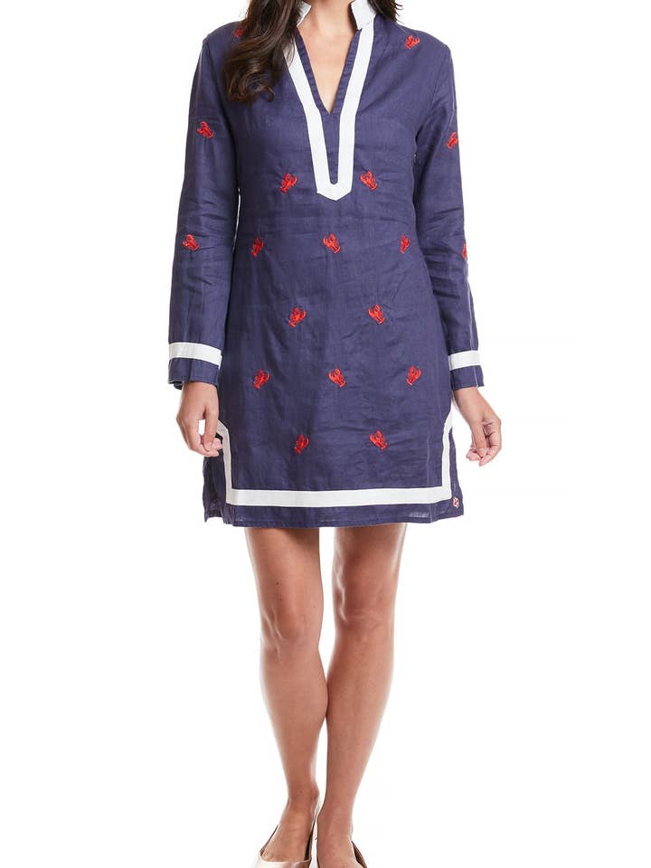 Tunic Dress Navy Linen with Lobster for wholesale by Castaway Clothing Nantucket Island