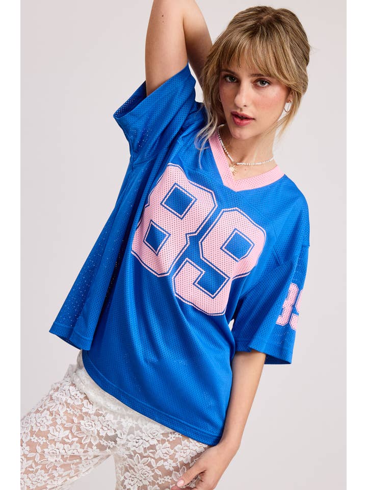 Mimosa - Wholesale T-Shirt - Women's - Sporty V Neck Short Sleeve Jersey Top with 89 Graphic Print