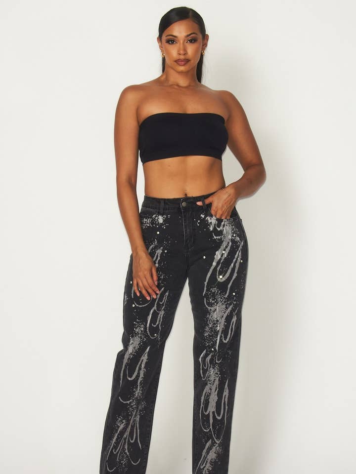 Connie Bleach Design Denim Jeansbroek met strass HDP31968BK voor wholesale door Hot & Delicious