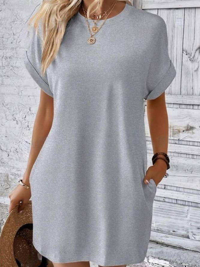 UNISHE - Wholesale Dress – Women's - Plain Fold Cuff Pockets Round Neck T-Shirt Dress ZK133317