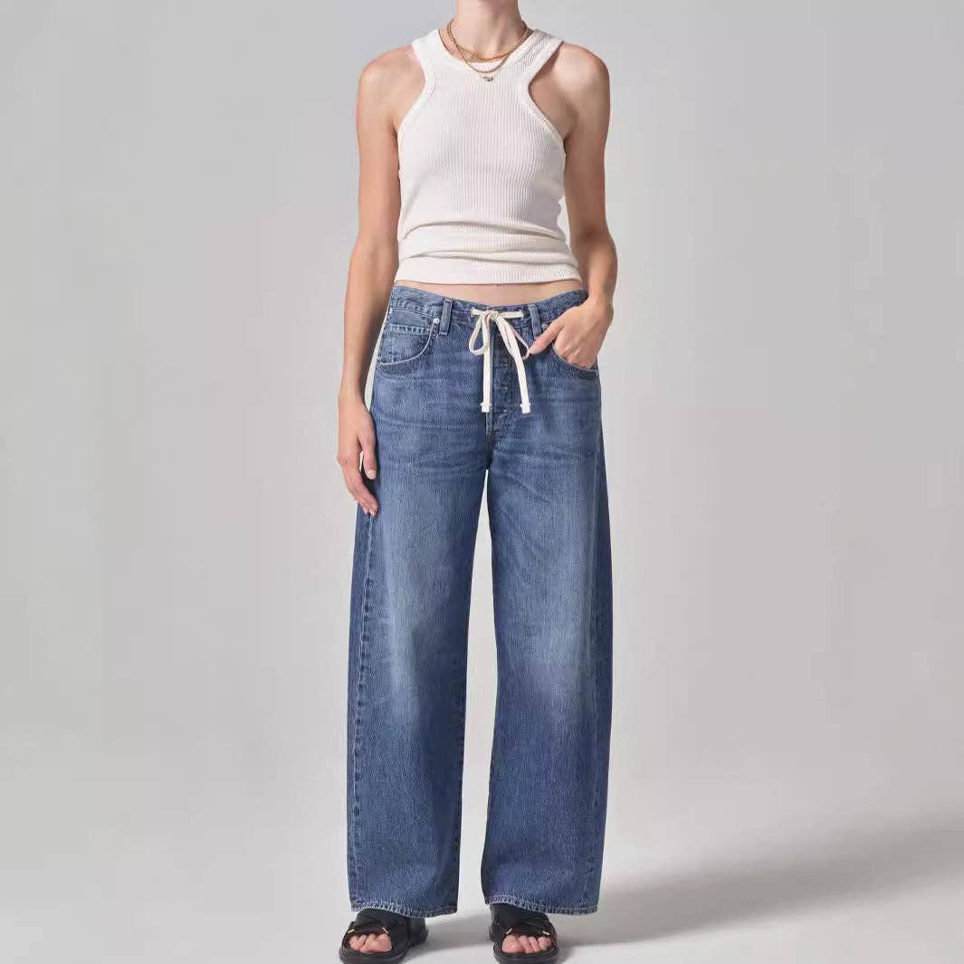 Dipped Shop - Wholesale Jeans - Women's - Distressed Loose Denim Pants Drawstring Jeans DPP30153