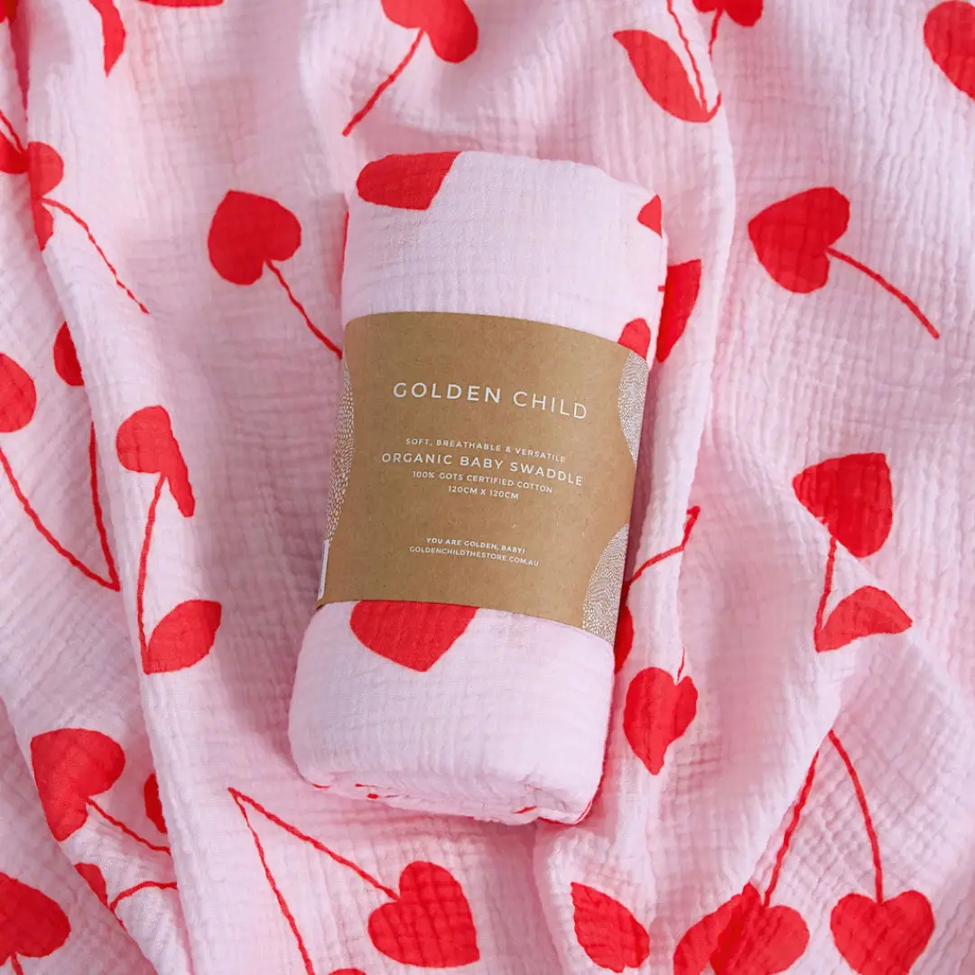 Golden Child - Wholesale Swaddle - Baby - Cherry Heart Organic Cotton Baby Swaddle - Candy 5