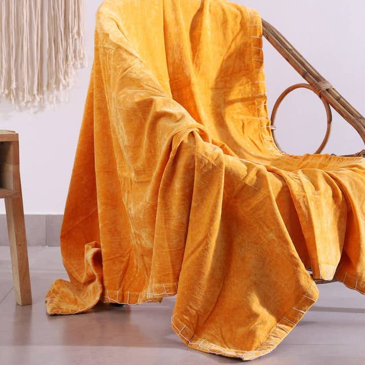 Boho-Eclectica - Wholesale Throw blanket - Luxury Rustic Cotton Velvet Throw Blanket Quilt - Mustard
